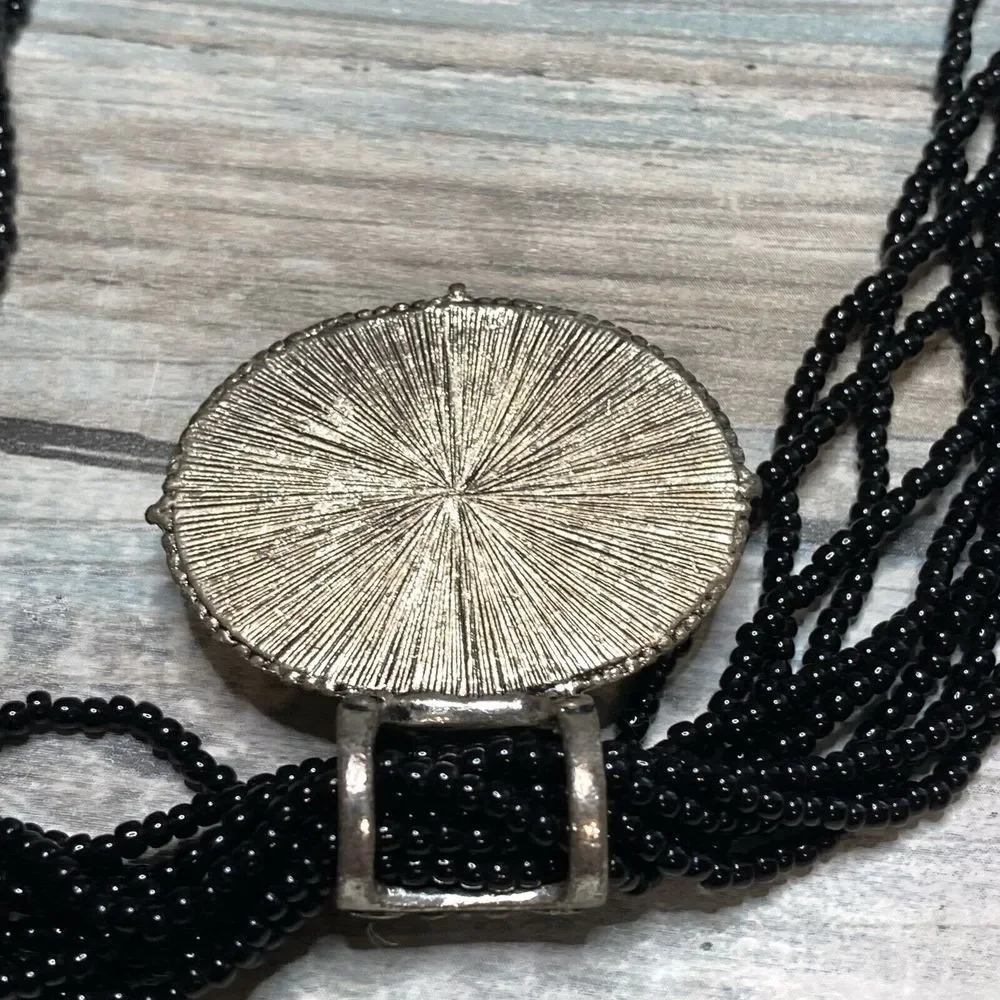 Black Multi-Strand Seed Bead Necklace Pendant ‎ 15